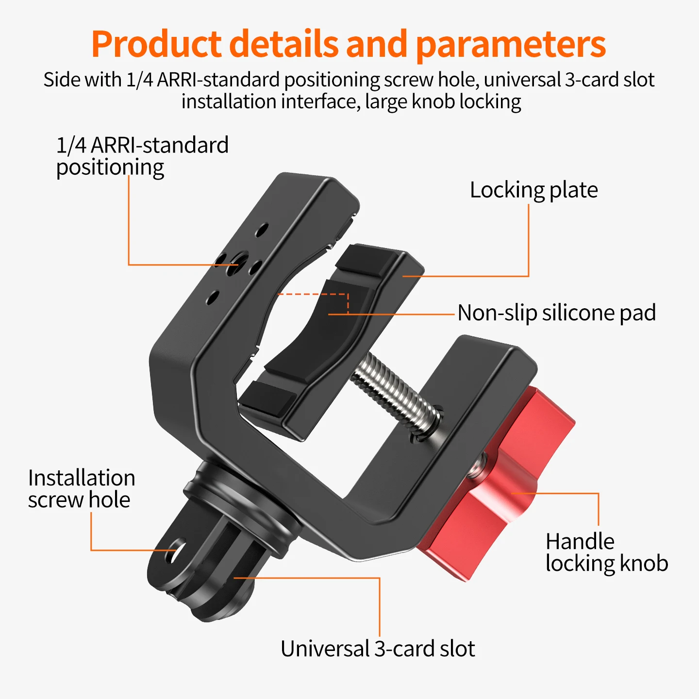 Aluminium C-Klemme mit Rutschfester Silikonauflage für GoPro DJI Action-Kamera DSLR Handy Aufhellungslicht Mikrofon Desktop Lenkerhalterung – Detail 8