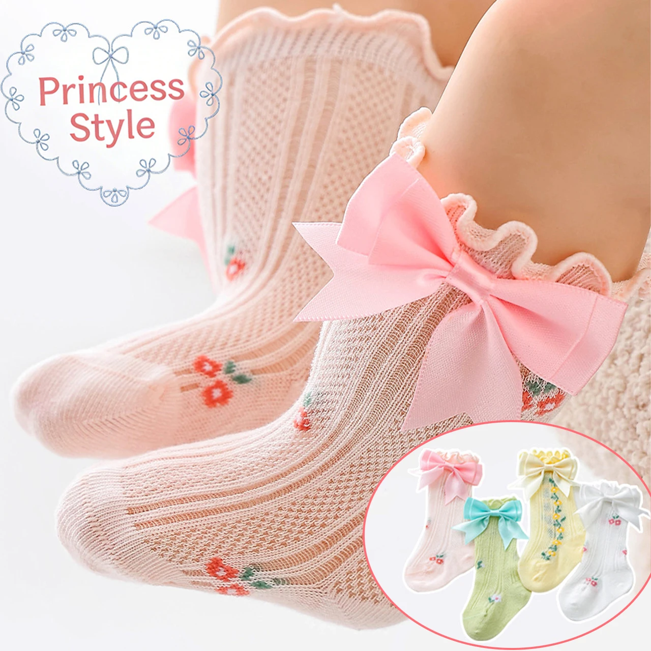 

Floral Print Princess Baby Mesh Socks Sweet Ribbon Bow Toddler Calf Sock Loose Children Footwear Summer Socks 6-36Month Girls