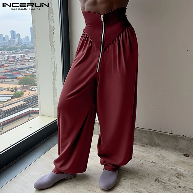 

2025 Men Pants Patchwork High Waist Joggers Oversize Zipper Casual Trousers Men Streetwear Fashion Long Pants Pantalones INCERUN