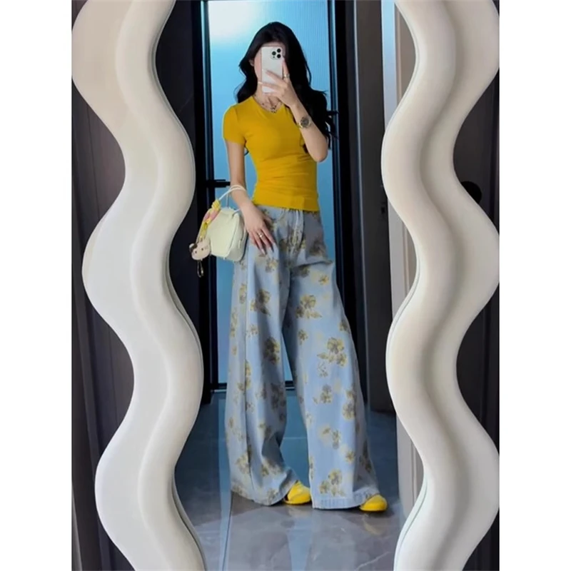 Mulheres vintage amarelo flor impressão azul denim calças de brim menina verão casual bottoms feminino cintura alta perna larga calças jeans