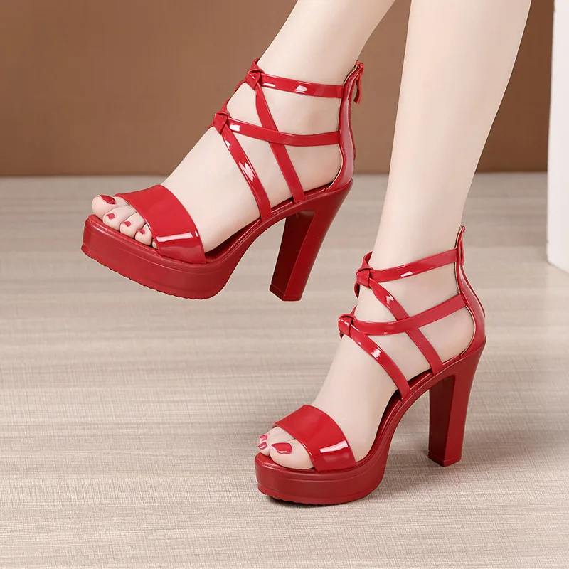 

10CM Women Shoe Sexy Patent Leather Roman Sandals for Woman Summer New High Heeled Sandal Fashion Designer Shoes Sandalias Mujer