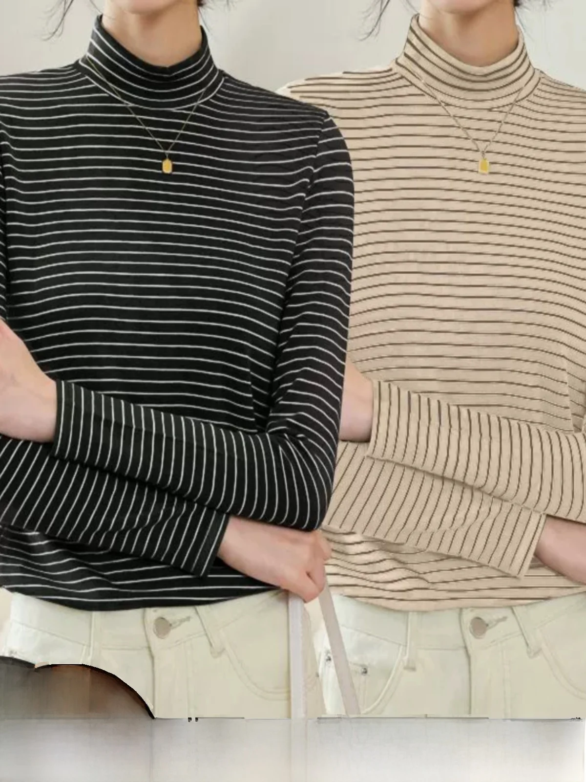 Women's Slim Fit Striped Base Shirt Long Sleeve Half High Collar T-Shirt Autumn Winter Fashion Casual Top New 2026 Style