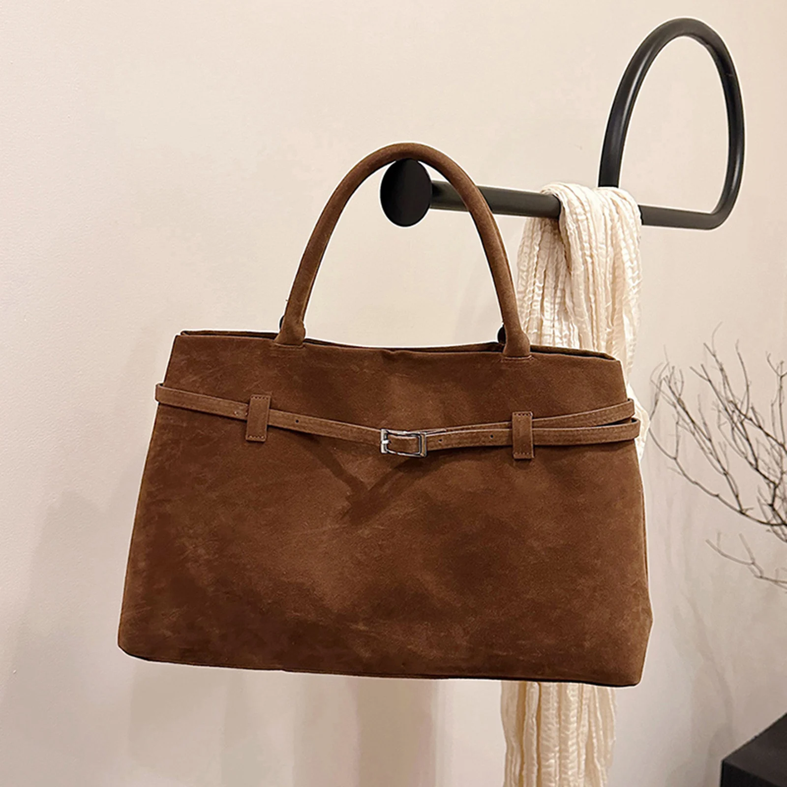 

Retro Handbag Large Capacity Belt Buckle Briefcase Solid Color Casual Matte Shoulder Bag Travel Date Work Handbag