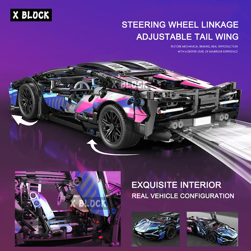 Technical 1:14 Black Purple Sport Car Building Blocks Assemble Racing VehicleF Toys Birthday Gift For Kid Boy