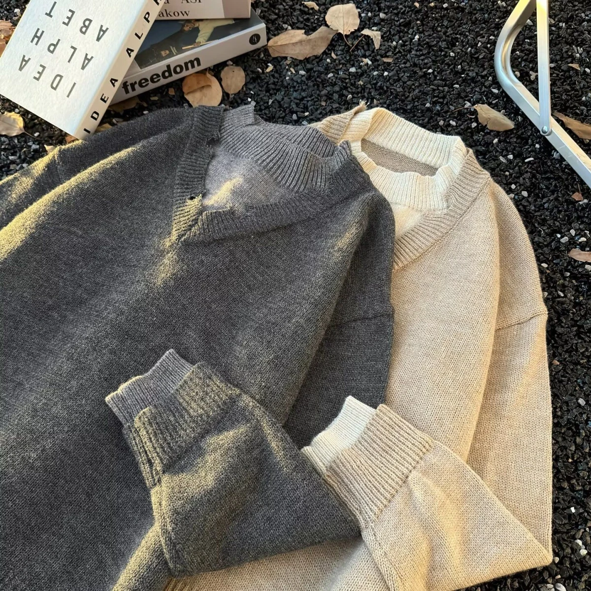 

American Retro V-Ne Knitwear Casual Loose Leisure Frayed Sweater Cleanfit Autumn Winter Lazy Sle Polyester Fiber