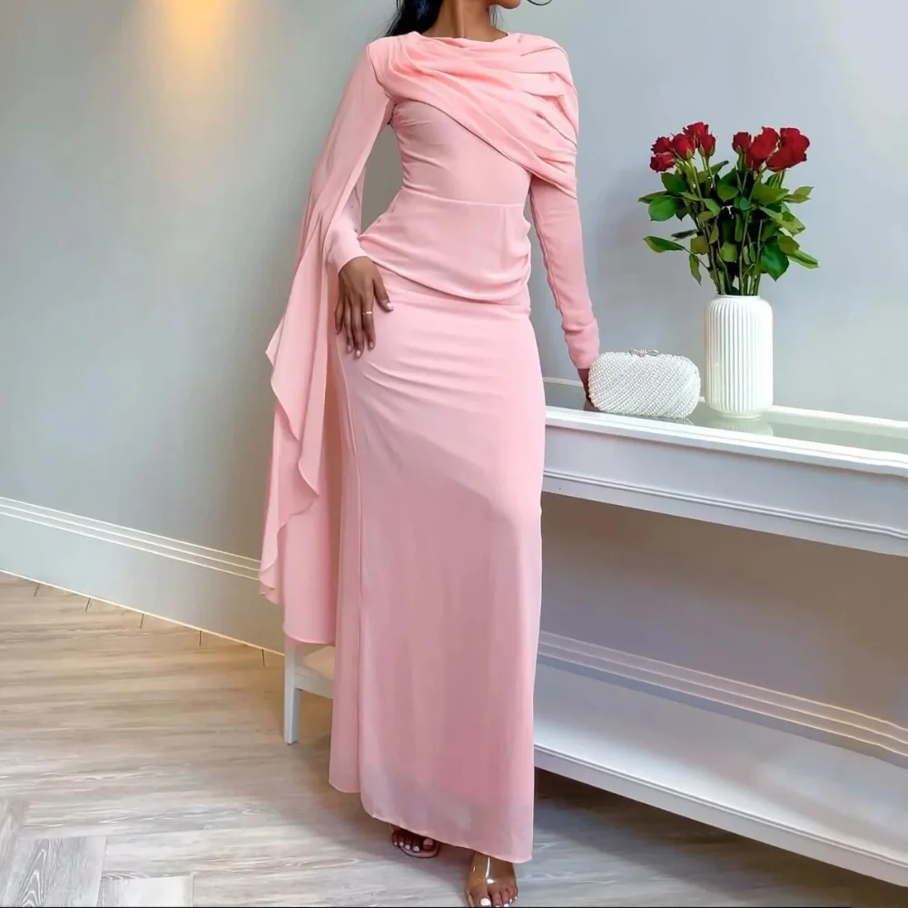 

Pink Chiffon Arabic Dubai Women Party Dresses Long Sleeves Pleated Modest Sheath Floor Length Formal Prom Dress Evening Gowns