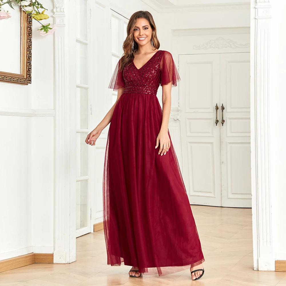 Plus Size 2023 New V-Neck Burgundy Evening Dresses A-Line Tulle Sequin Short Sleeve Wedding Party Long Dress