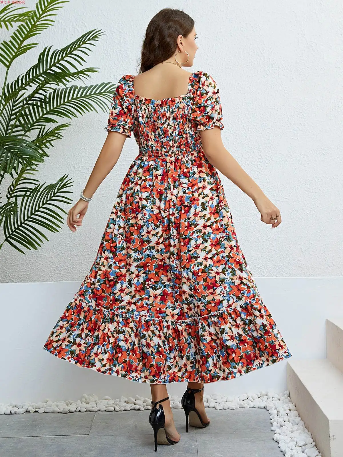 plus Size Summer Floral Print One oulder Slimming Dr A-Line Skirt ort Sve High Waist Commute Sle Women's Dr