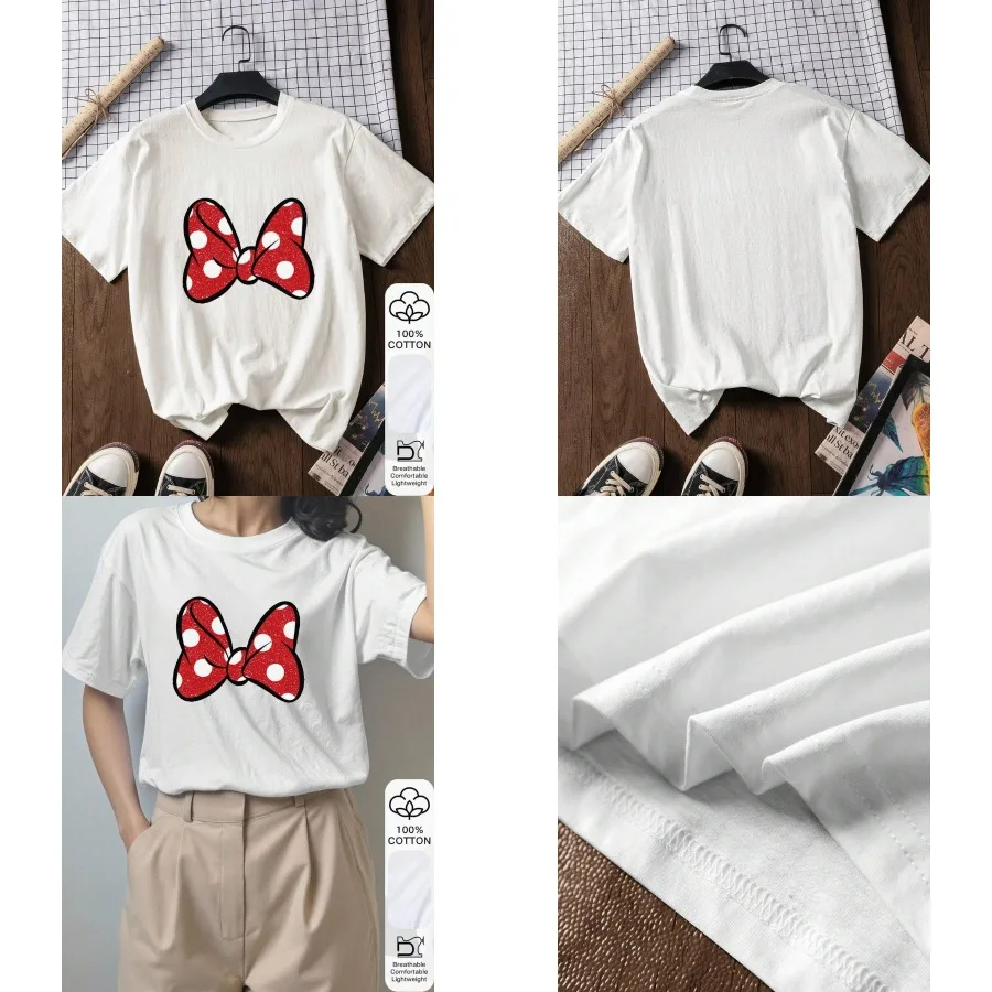 【New style】Red Polka Dot Bow Print 100% Cotton Casual Short Sleeve Top Graphic Tee Soft Fabric Cotton Apparel Outdoor Top Print