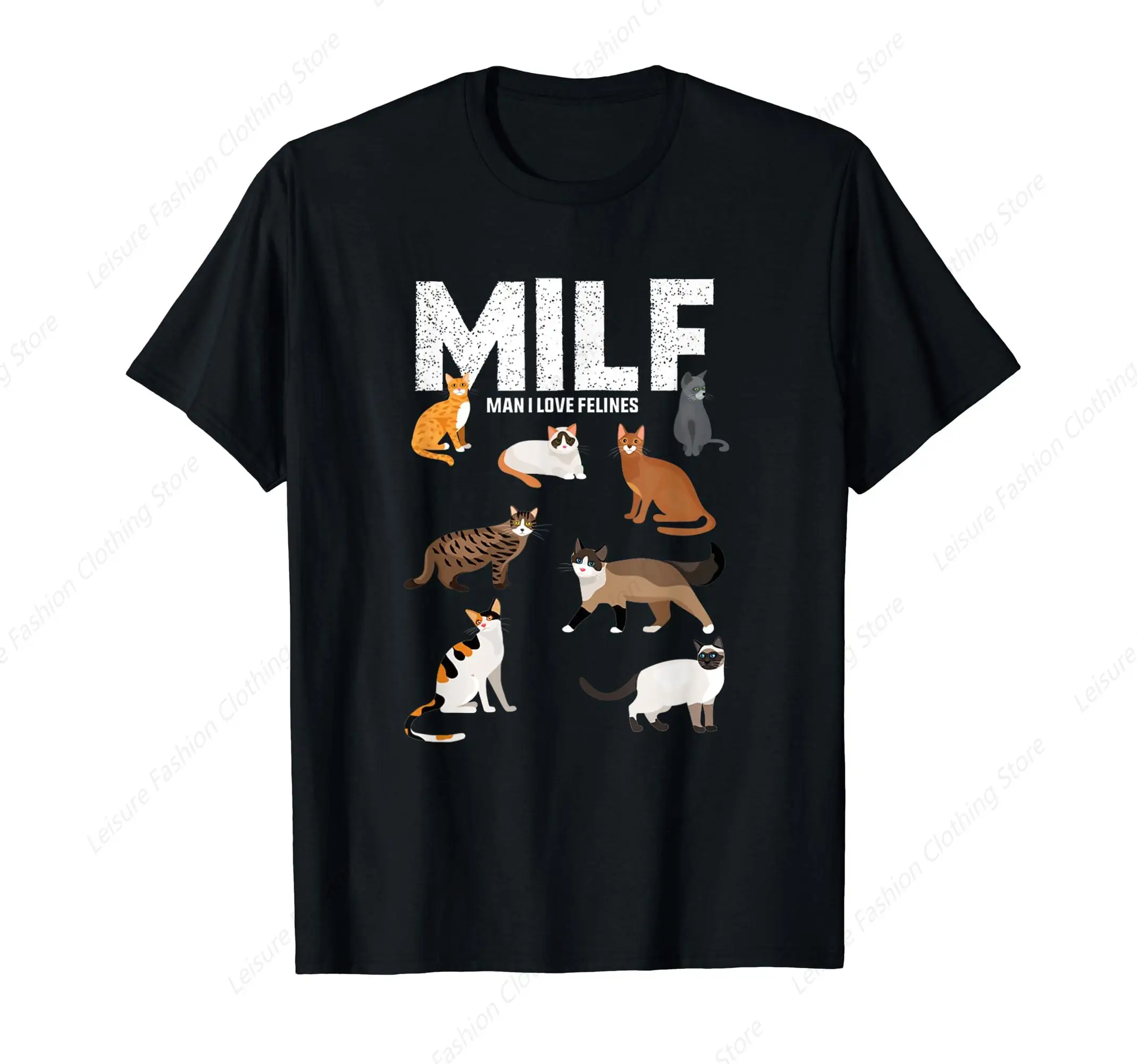 Funny MILF Man I Love Felines Cat Lovers Quote T-Shirt Round Neck Short Sleeves Cotton Tee Shirt Tops