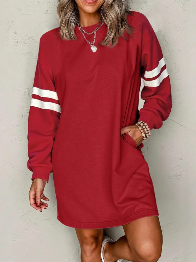 2025new Autumn Striped Color-blocking Off-shoulder Vestidos Pullover Casual Loose Versatile Round Neck Dress Simple Style Trendy