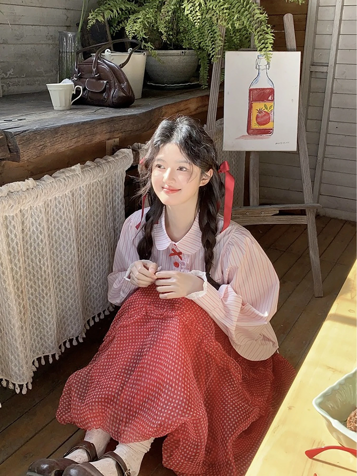 

Fanyunwen Pink Bubble Sleeve Shirt Women's Loose Top Spring Cute Girl Style Turn-down Collar Wild Peach Breeze Fashionable Bl...