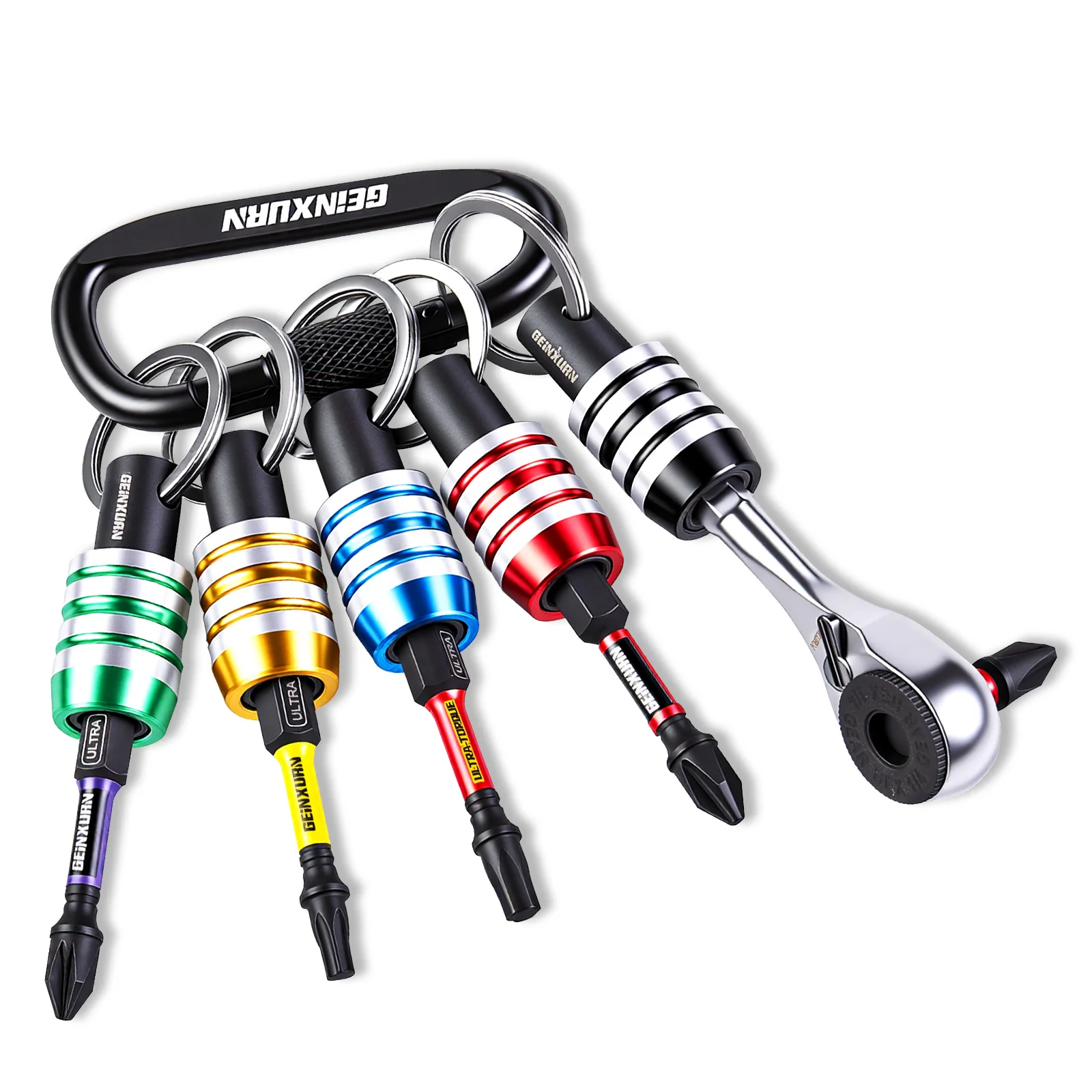Geinxurn Keychain Bit Holder Set, 1/4 Inch Hex Shank One Touch Double Lock Magnetic Aluminum Quick Change Mini Bit Extension Rod
