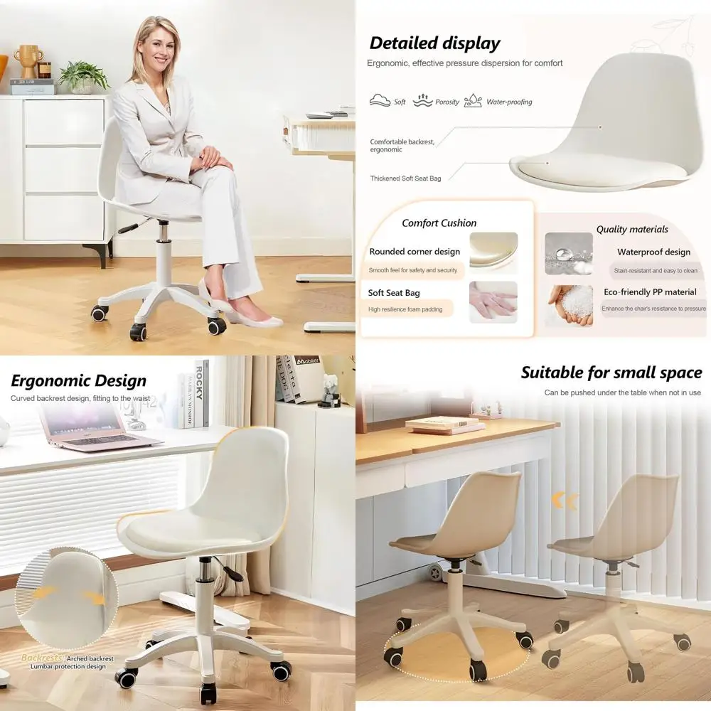 

Cute Armless Vanity Chair with Soft Cushion, Adjustable Height Desk Chair for Teens and Girls