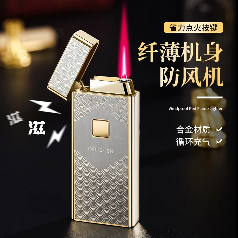 

Индукционная тонкая зажигалка, ветрозащитная, с красным пламенем, легкая, удобная в переноске, подарочная коробка, упаковка для мужских небольших подарков, должен быть курить