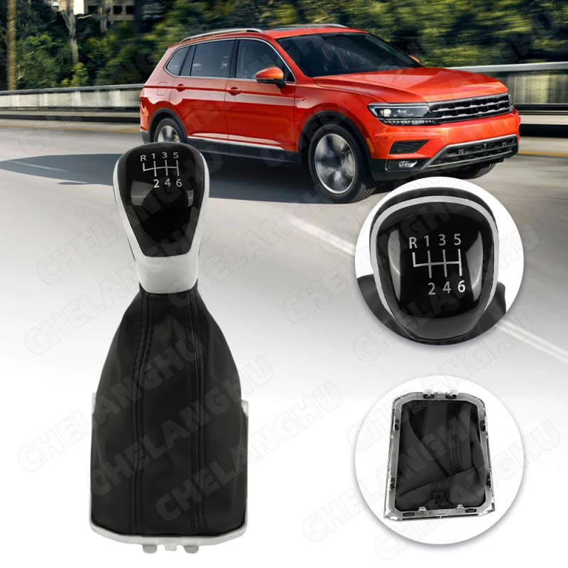 

6 Speed Gear Shift Knob With PU Leather Boot Fit For VW Tiguan 2020 2021 2022 2023 2024 Black Or Red Line