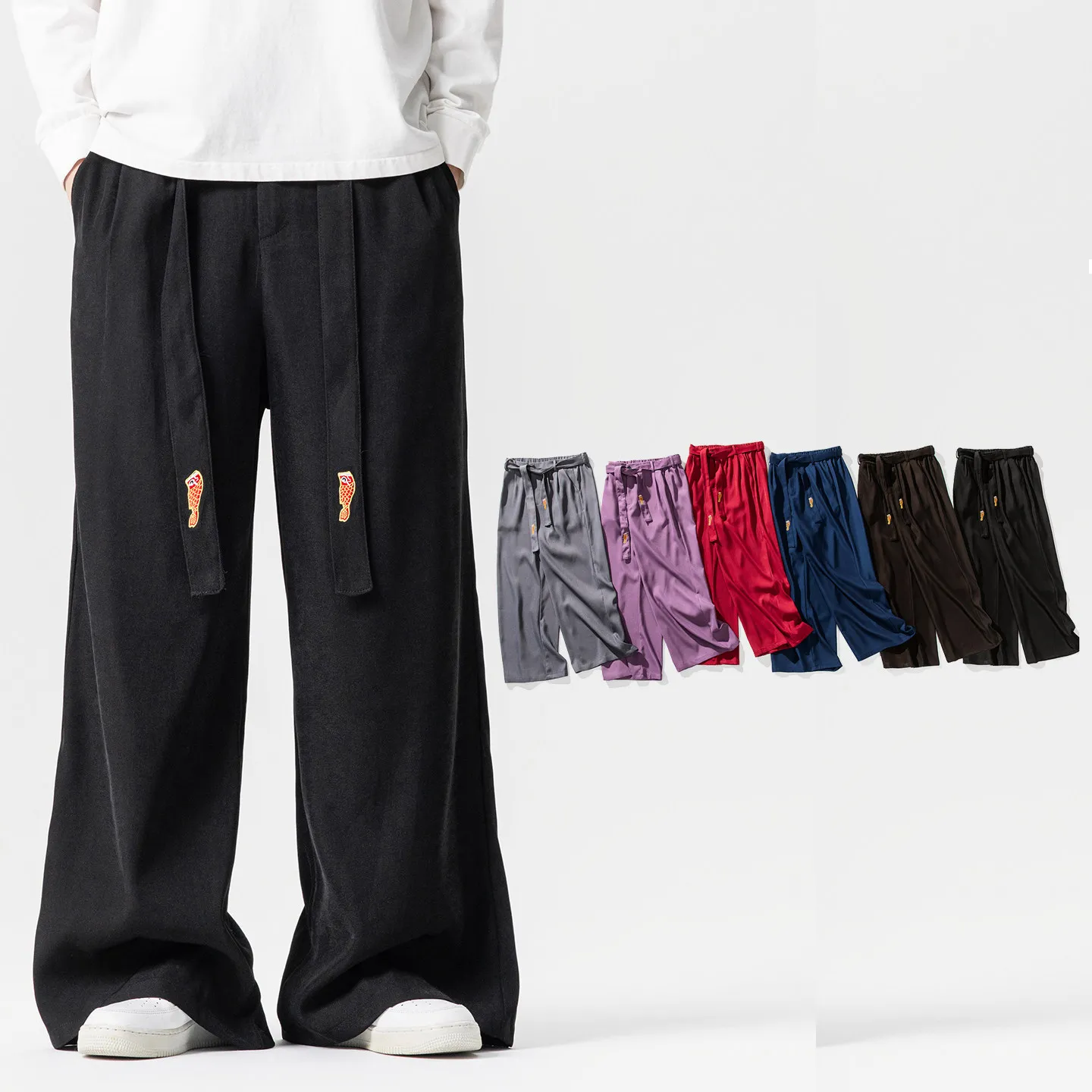 Autumn Vintage Embroidered Wide Leg Pants Men's Chinese Style Straight Skirt Pants Men's Streetwear Fashion Loose Hanfu Trousers