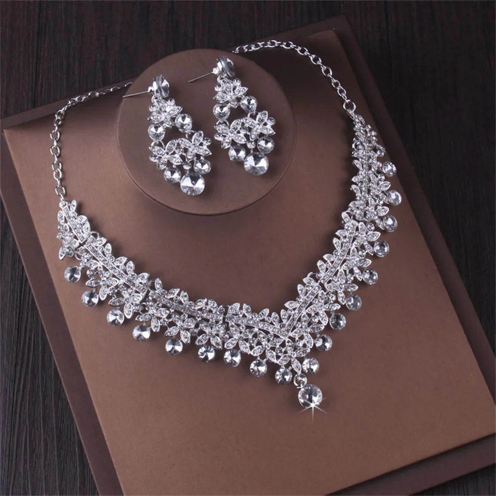 Luxury Silver Color New Jewelry Accessorie Sets Crystal Choker Necklace Water Drop Earrings Tiara Wedding Costume Jewelry Set