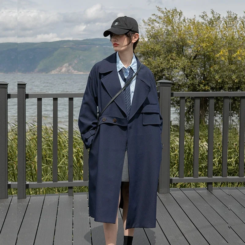 Korean Mid-length Asymmetrical Lapel Single Button Trench Coat Casual Navy Blue Khaki Spring Autumn Long Sleeve Female Outerwear