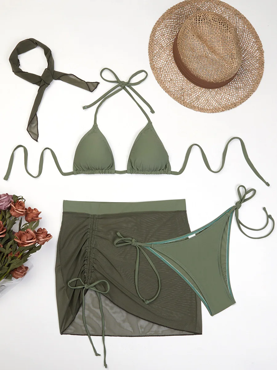 2025 Summer New Fashion Strap Mesh Women Split Swimsuit Simple Solid Color Female Bikini Four Piece Sets