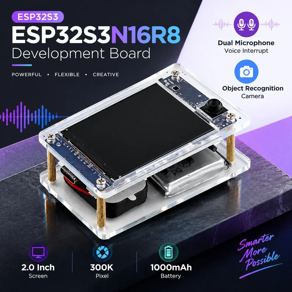 ESP32S3N16R8 Development Board with Dual Microphone Voice Interrupt Object Recognition Camera 2.0 Inch Screen 300K Pixel 1000mAh