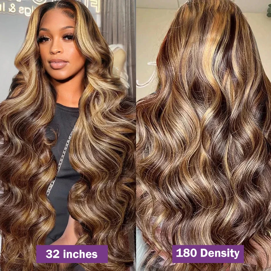 Perruque Body Wave Brésilienne Naturelle Blond Ombré pour Femme, Cheveux à Reflets Colorés, Dentelle Transparente HD, 13x6, 30 ", 36", 4/27