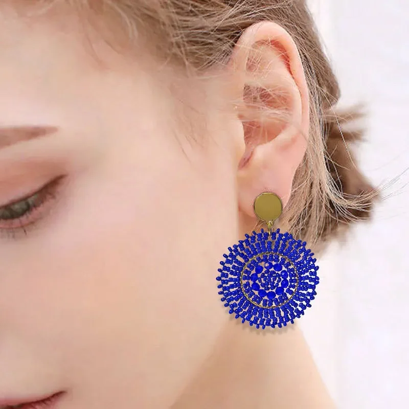 Beaded earrings Roundness Hollow out Royal blue Fashion Simple Geometry Hand knitting Bohemia  Crystal  Alloy Rice bead earrings