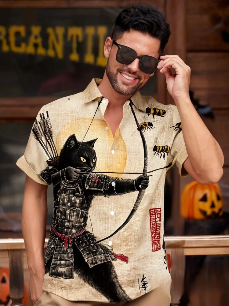 Retro Khaki Printed Tops Men's Black Cat Tribal Warrior Japanese Kyudo Print Short Sleeve Shirt Oversized Lapel Single Breast T