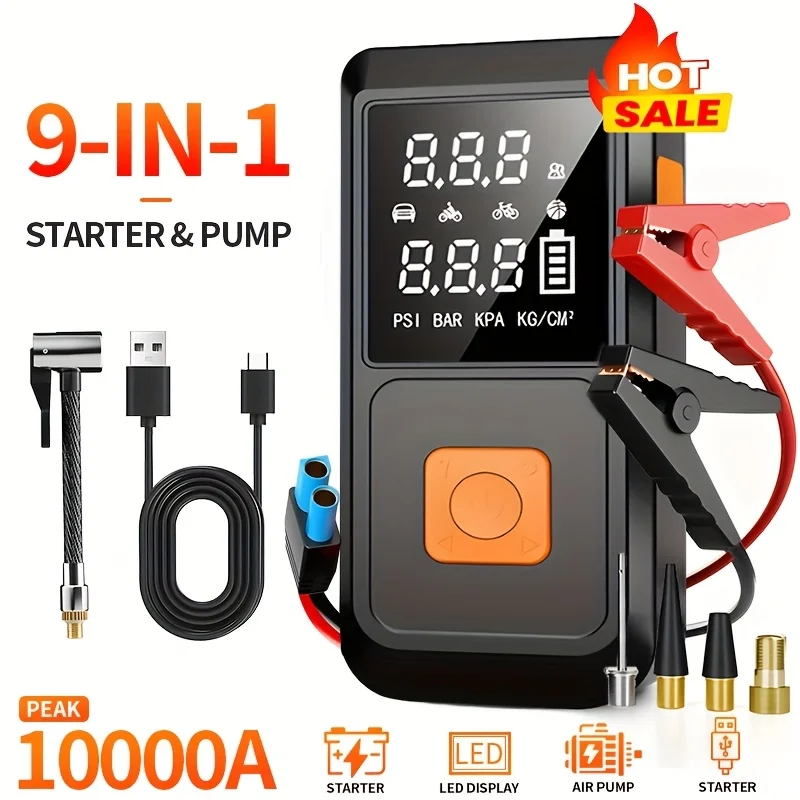 A Portable Car Emergency Start Power Supply, 6000mAh Large Capacity Battery, 150PSI, Dual Safety Protection, Lightweight And Dual Function, Lighting, Fast Inflation, Preferred Halloween/Christmas Gift, Essential for Outdoor Travel And Camping