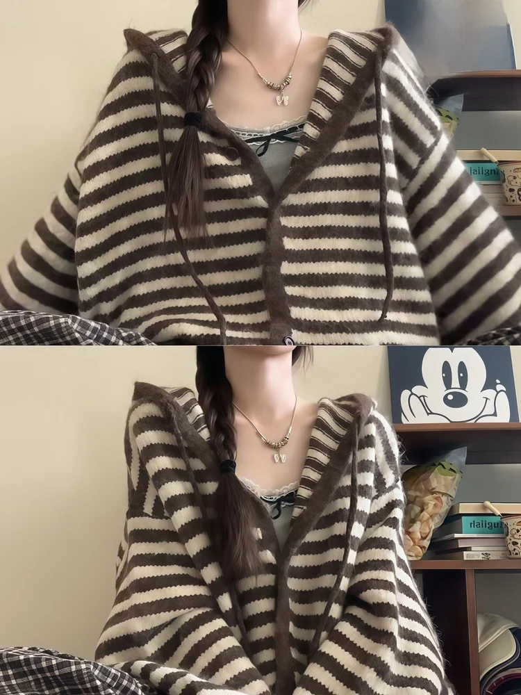 

Korean Lazy Sle Coffee Stripe Hooded Knit Sweater Coat Women's Autumn Winter Mid-Length Knitted Cardigan Open Front