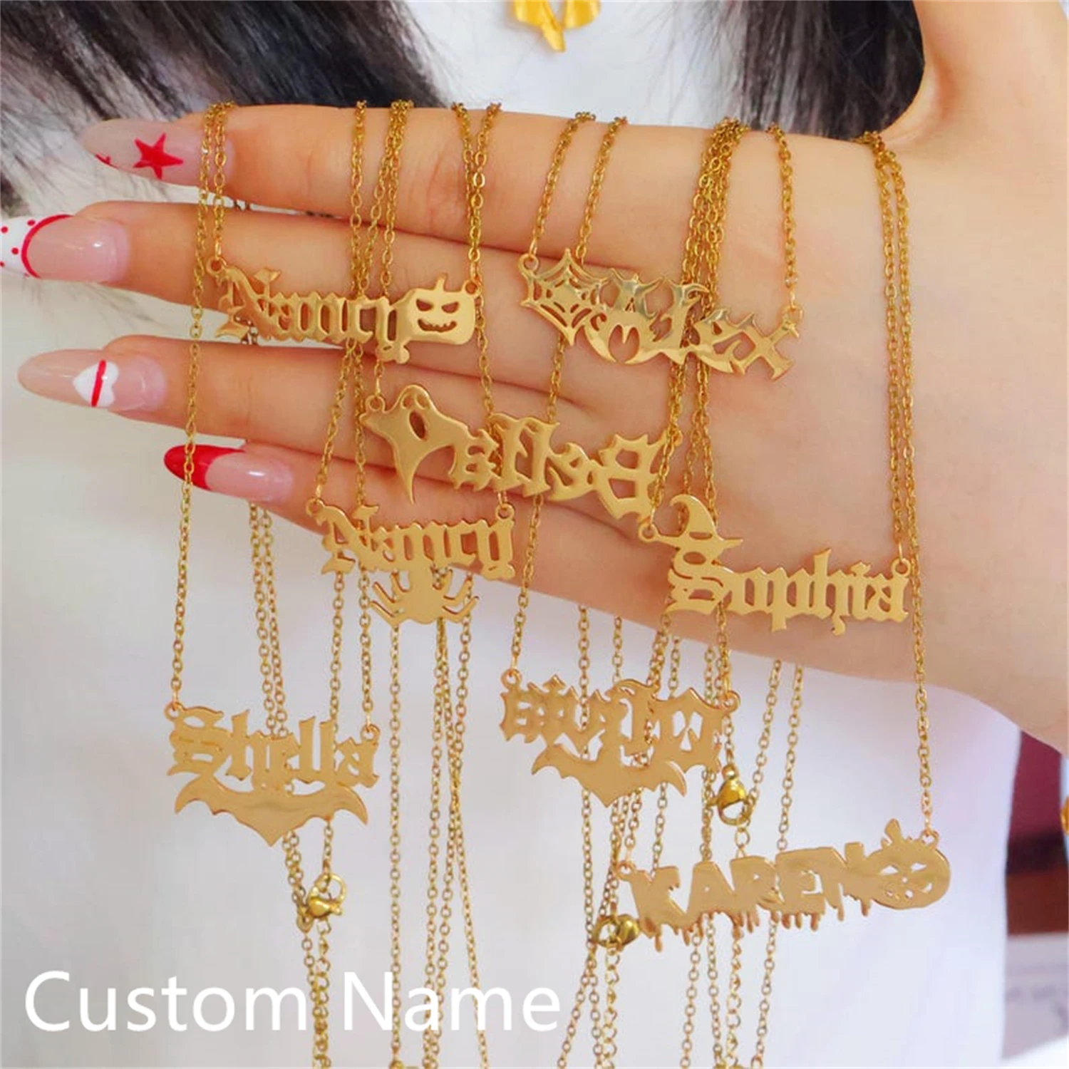 Personalized Gothic Name Necklace Custom Halloween Name Pendant 18K Gold Plated Name Jewlry Bat Symbol Halloween Gift for Her