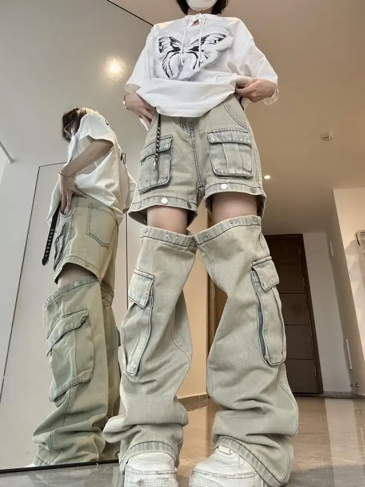 Detachable design, American style clothes jeans, men and women's summer thin vintage high street straight tube niche vibe pants