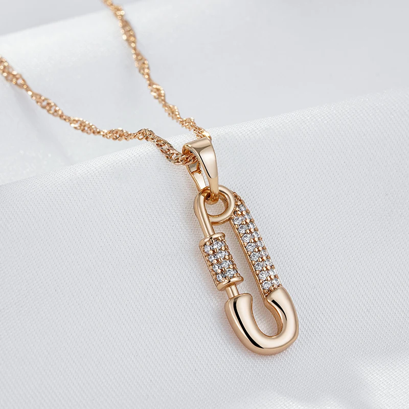 Kienl Trendy 585 Rose Gold Color Personality Pin Shape Pendant Necklace for Women Natural Zircon Pendant Fine Daily Jewelry