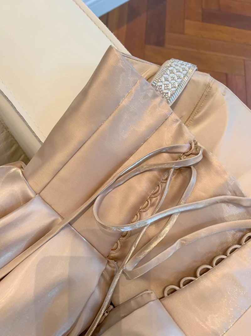 Retro Court Sle iny Satin Pearl Strap Princ Puffy Rock Taille Cinching Dr Ballkleid Dr Autumn Faion Damen Dr