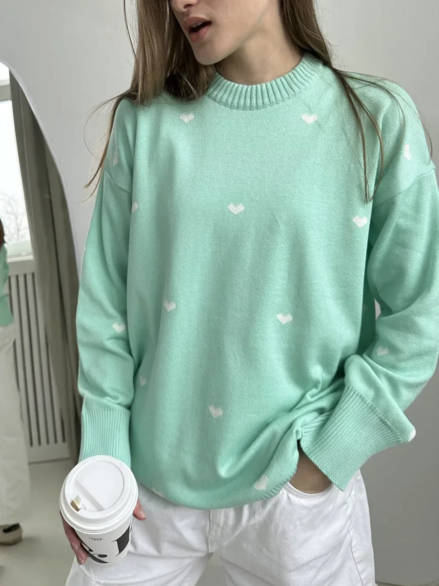 Bornladies Women\'s Love Print Knitted Pullover Fashion Casual Loose Female Versatile Top Autumn Winter Warm Oversized Sweater