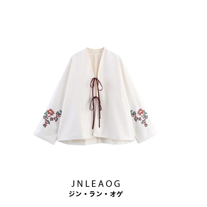 

JNLEAOG Autumn New Women's Clothing Embroidered Faion Outerwear Loose Fit Polyester Long Sve V-Ne Breathable Thin irt