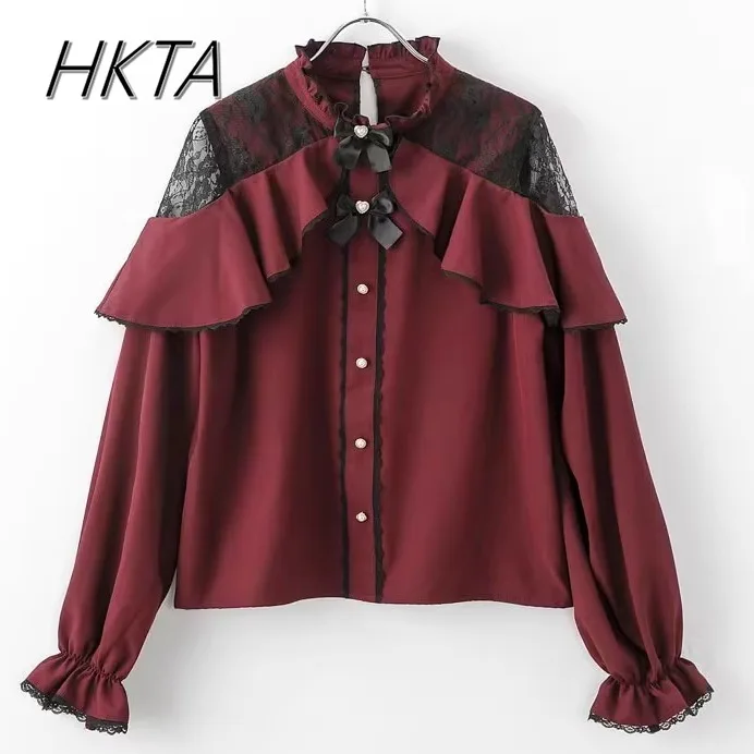 Japanese Autumn New Cute Mine Mass-produced Lolita Shirt Blouse Women Elegant Lace Off-shoulder Long-sleeved Bow Shirts Tops