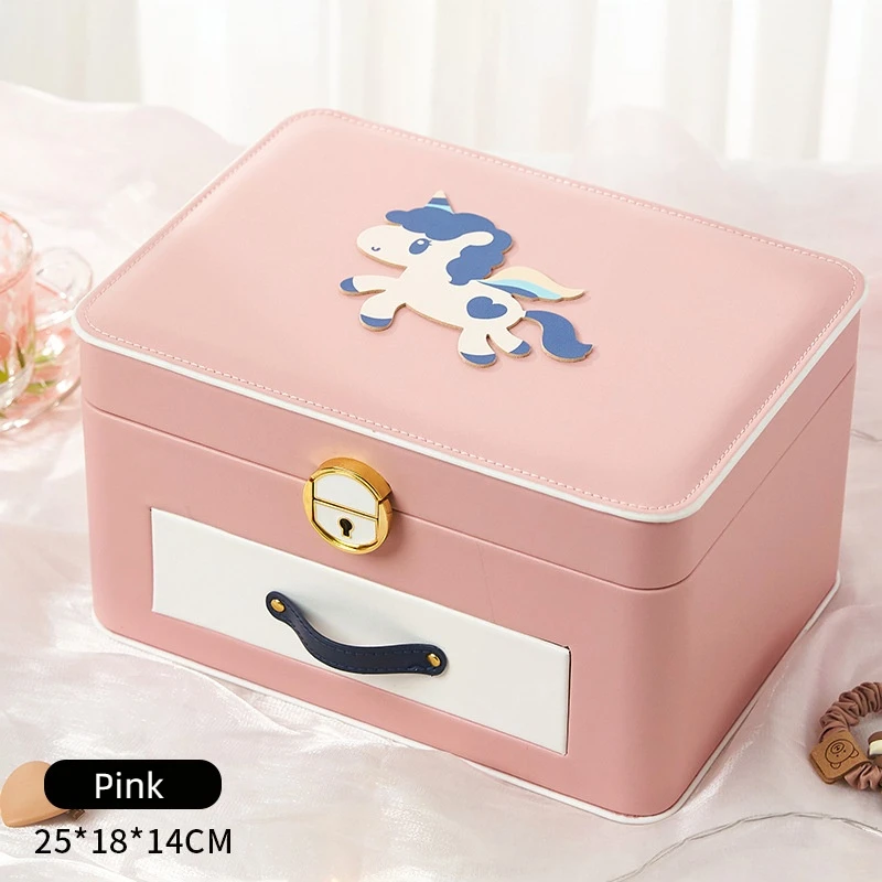 Cartoon Multi-layer Leather Jewelry Storage Box With Lock Large Capacity Pony Accessories Organizer