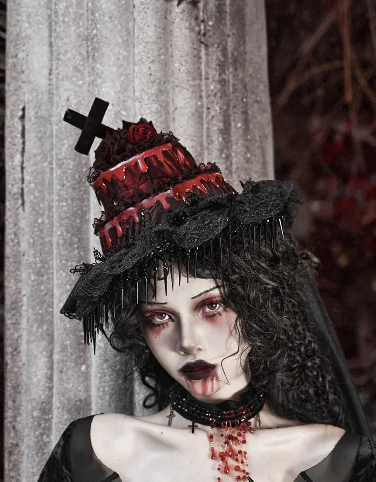 

Blood Supply Original Zombie Bride Halloween Black Gothic Cake Skull European Dome Strap Hat Fedoras Holloween Lolita Hat