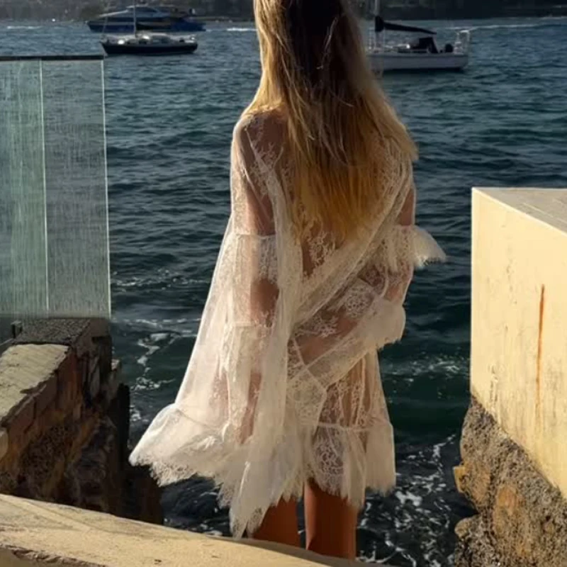 Spring Summer New Lace Perspective Cover-up Dress New Beach Vacation Sunscreen Dresses Women Long Sleeve Ruffles Short Sundress