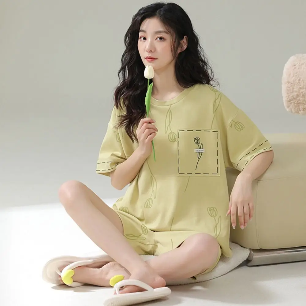 

Home Wear Flower Cotton Shorts Pajamas Set Thin Short Sleeve Women Nightwear Suit Summer Loose 2 Pieces Sleepwear Home