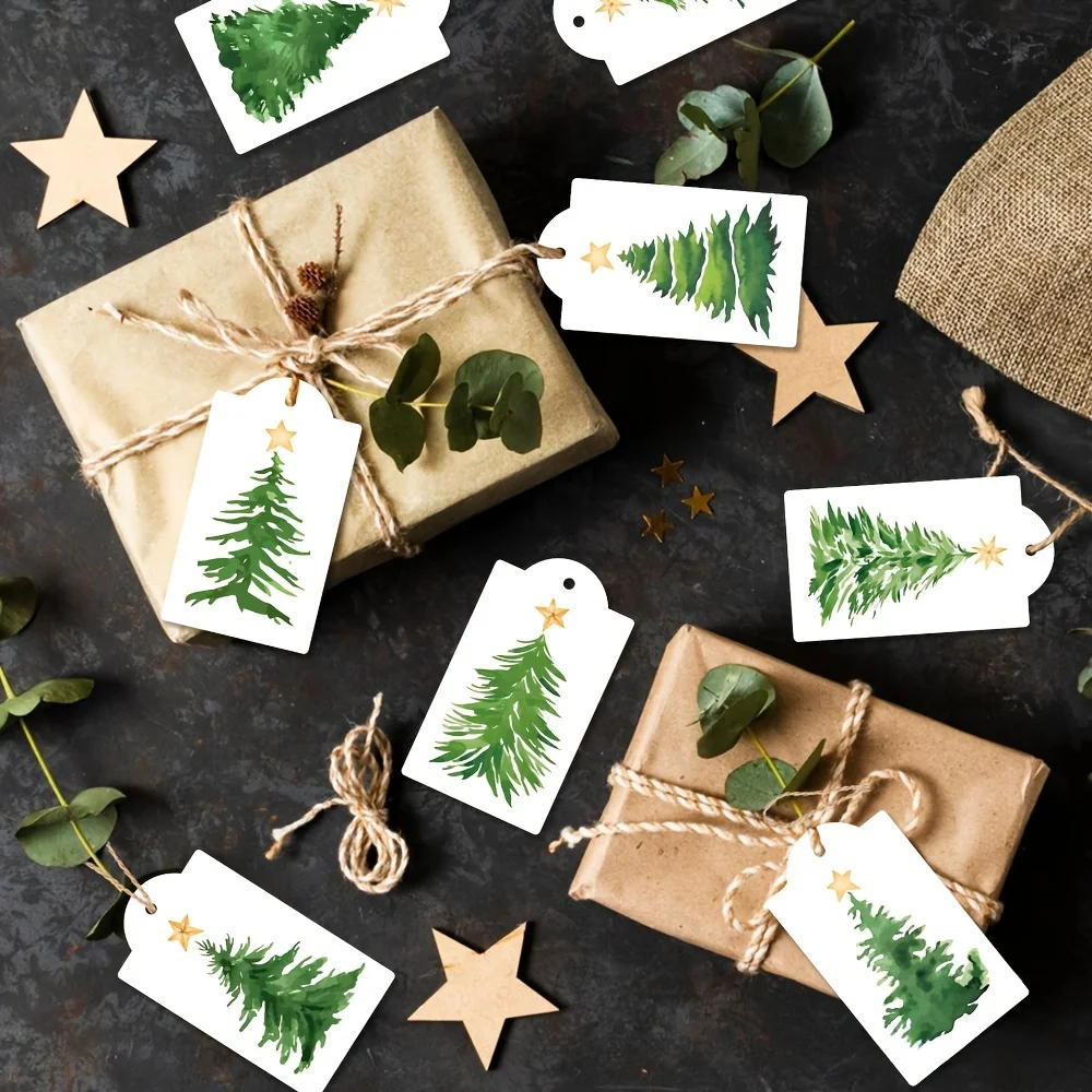 60pcs Merry Christmas Gift Wrapping Labels, Elegant Christmas Tree Design, DIY Tree Ornaments, Holiday Paper Hang Tags