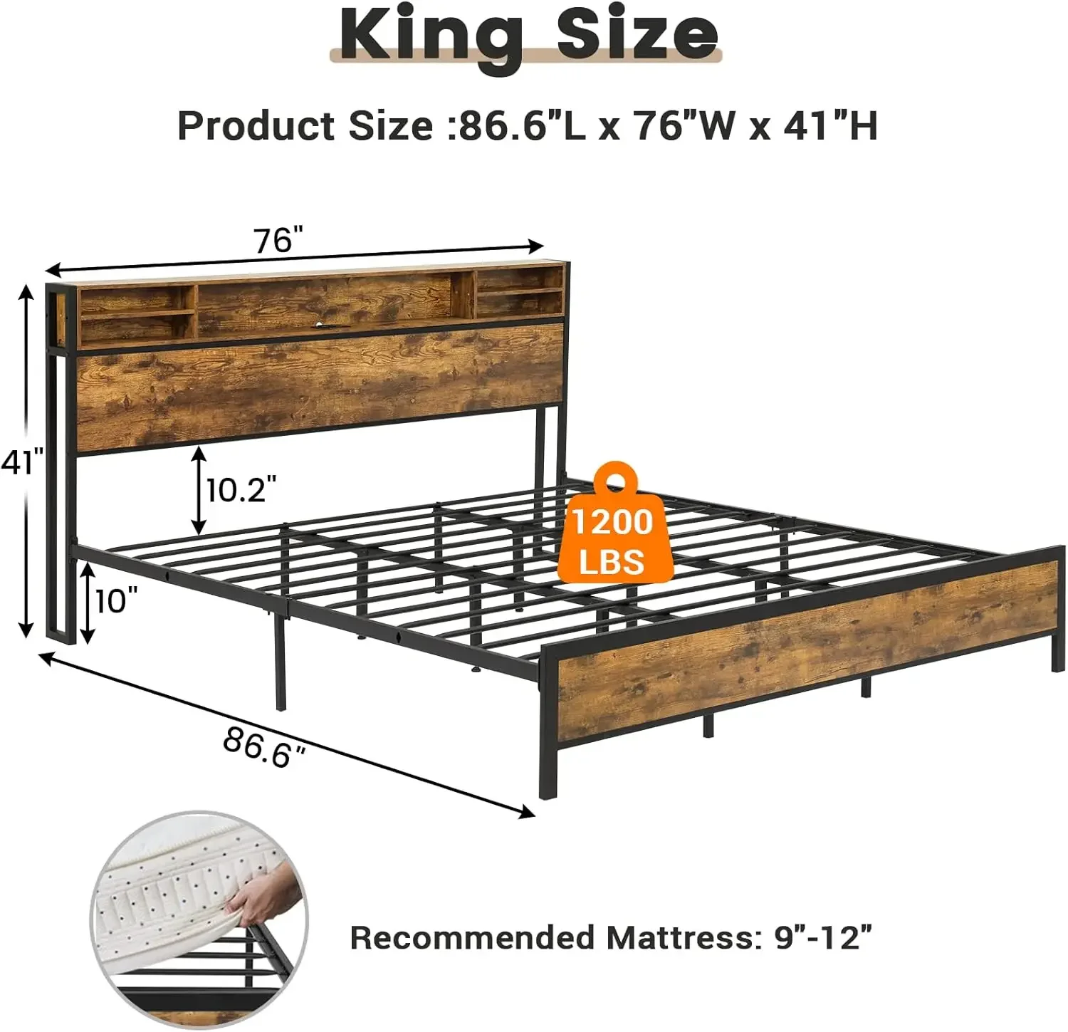 King Size Bed Frame with Storage Headboard & Power Outlet, King Bed Frame with LED Lights Headboard