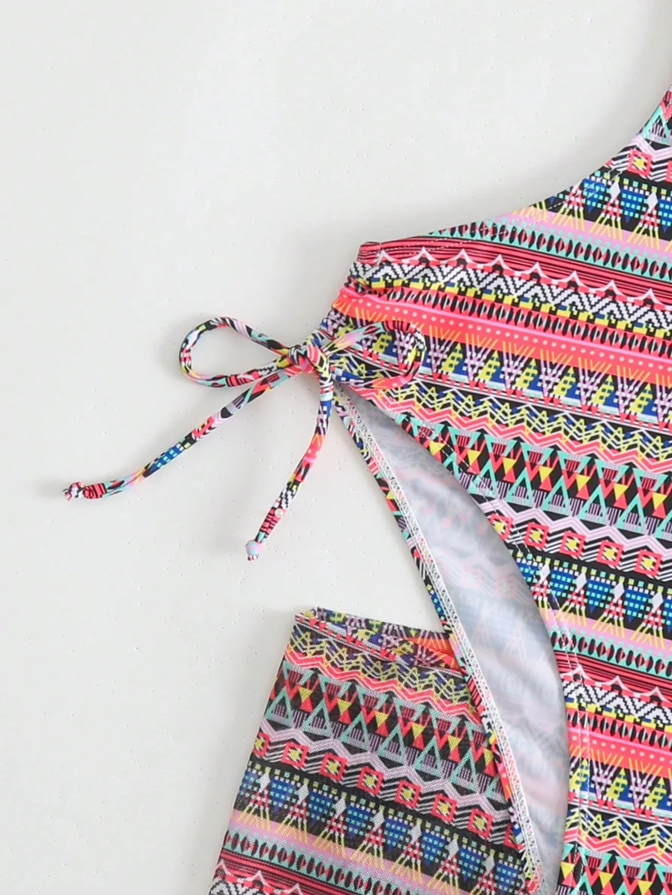 

One-Piece Halter Swimsuit With Geometric Pattern, Cut-Out Detail, And Detachable Beach Skirt For Summer Wear