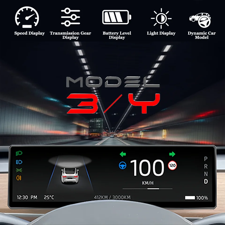 Tesla 8.8’ flat instrument cluster with integrated display for speed, time, power and transmission gears For Model 3 and Model Y