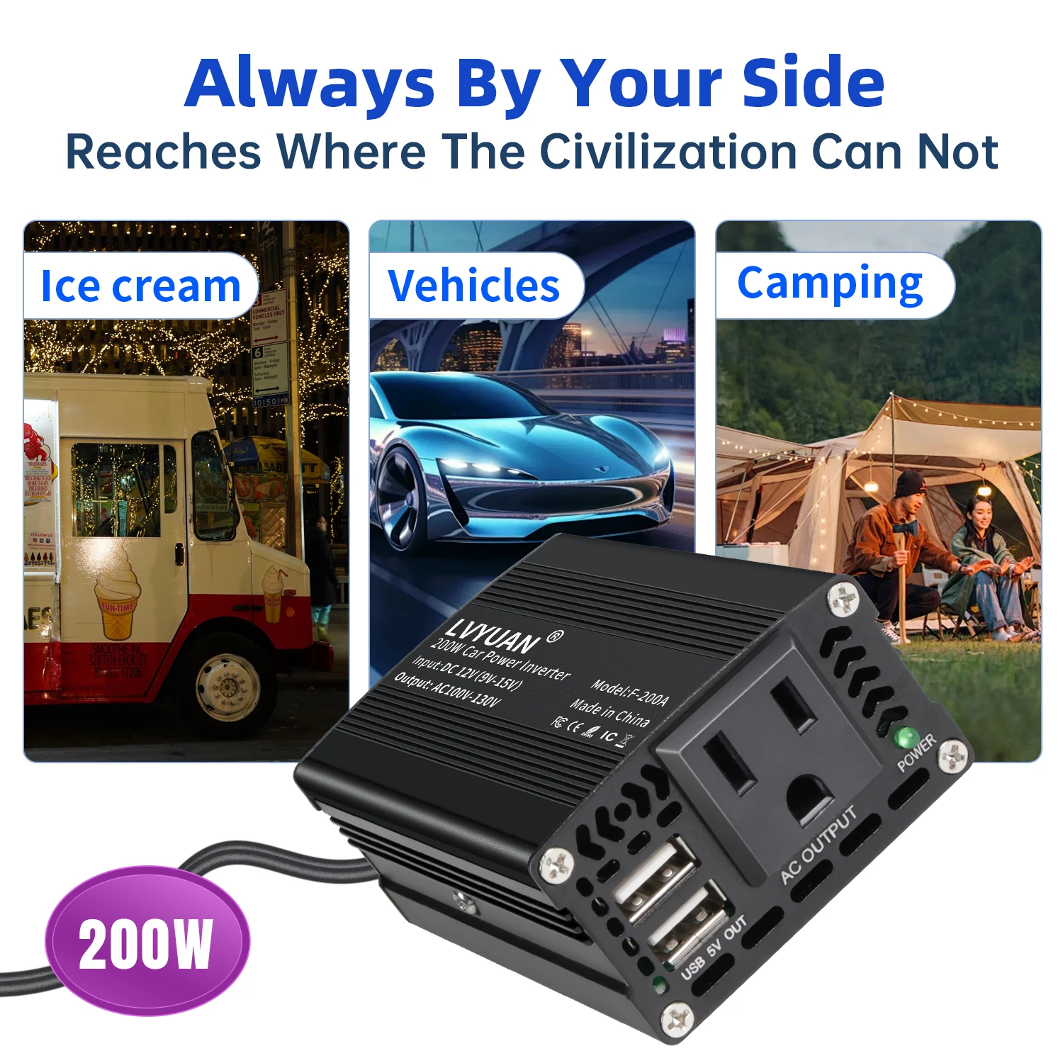 200W Power Inverter 12V to 110V Voltage Converter Car Charger Power Adapter with 2 USB Charging Ports