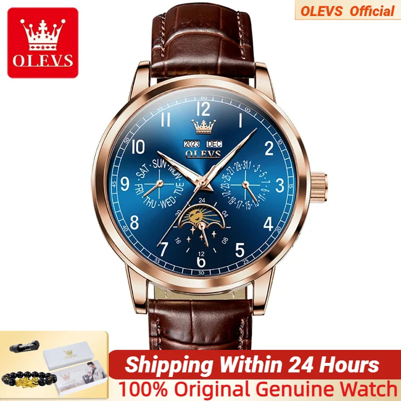 

OLEVS 6689, оригинальные мужские механические часы, многофункциональный спортивный кожаный ремешок, наручные часы из нержавеющей стали с автоматическим механизмом