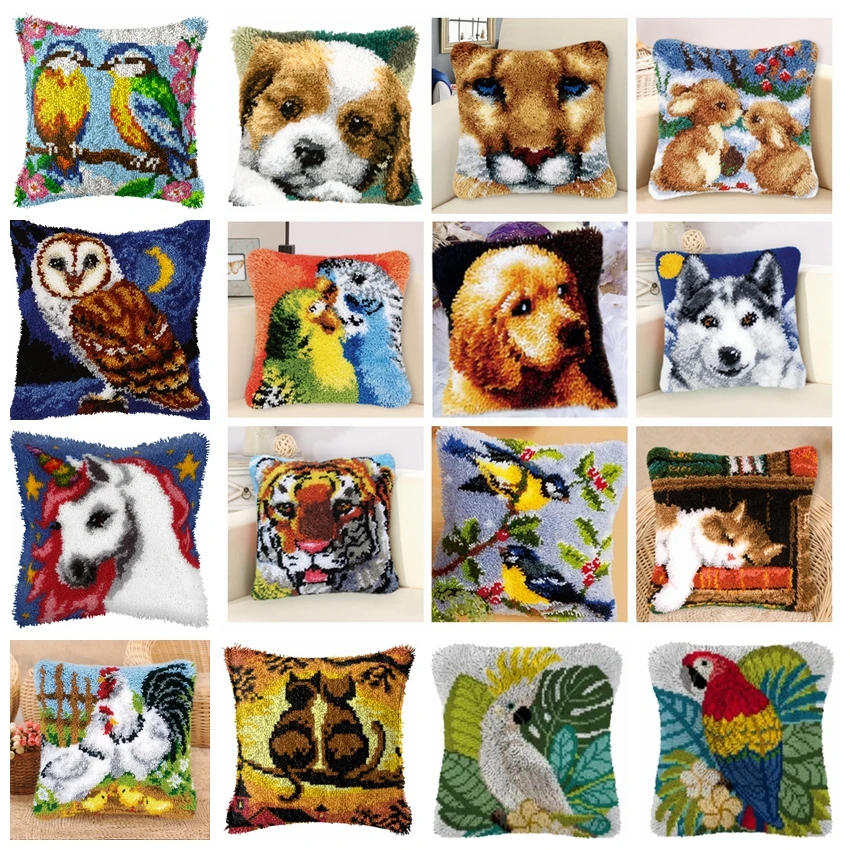 

Мультяшный коврик для вышивки крестиком, подушка для творчества, животное, собака, птица, тигр, набор с защелкой, 43 см по 43 см, вышивка, вязание крючком, подушка, вышивка