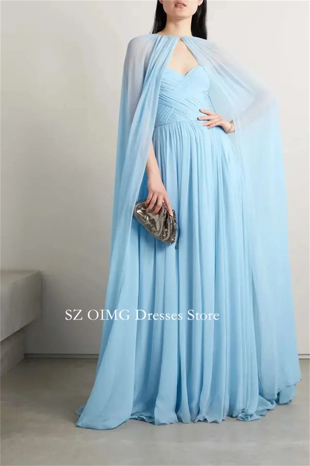 

OIMG New Design Sweetheart Prom Dresses Saudi Arabic Women Cape Sleeves Blue Chiffon Crystals Evening Gowns Formal Party Dress