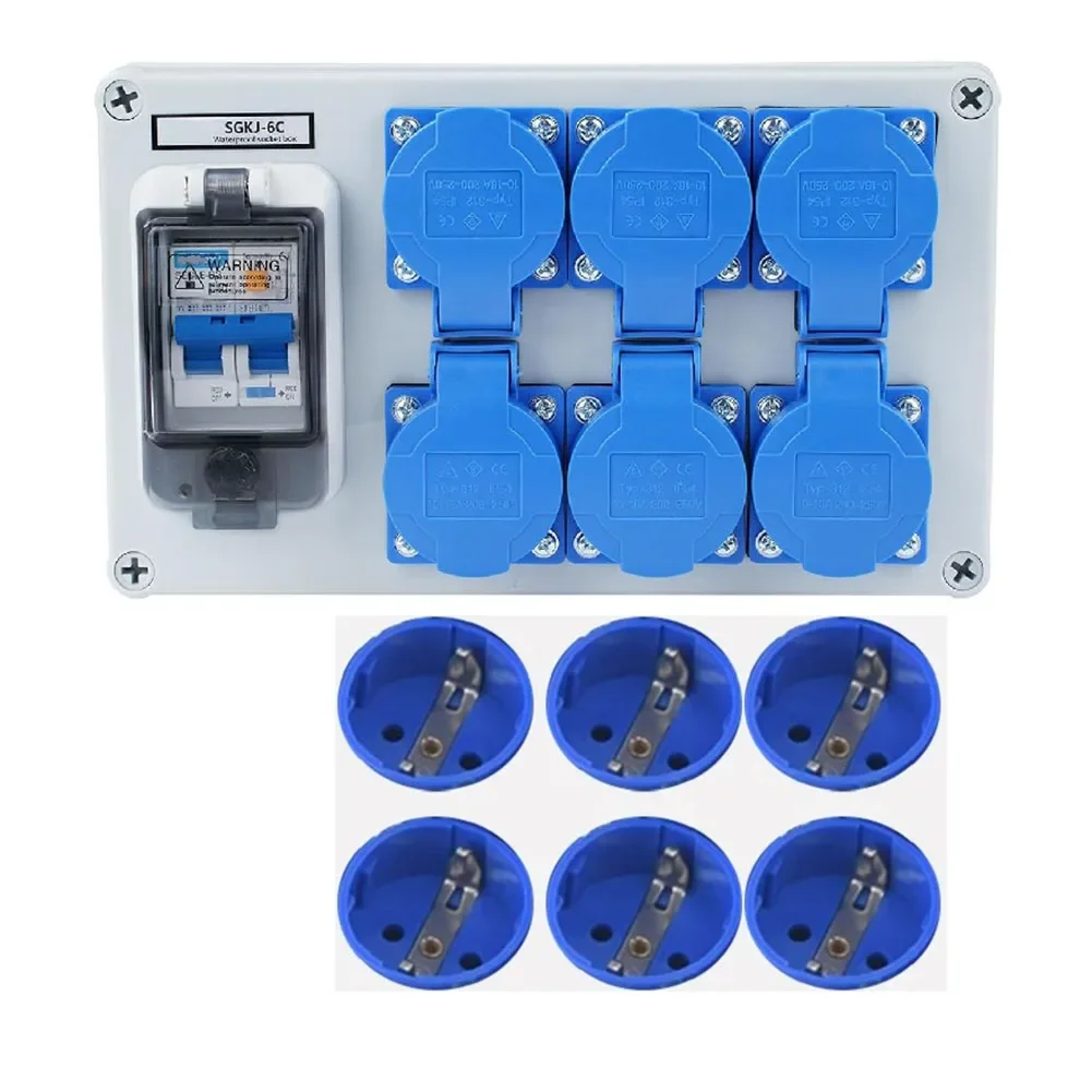 1PC IP54 Wall Mounted 6-Pin Power Distributor With 1P+N FI Switch For Construction Sites Workshop  Garages And Outdoor Use